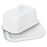 White Enamel Butter Dish  Green Trim