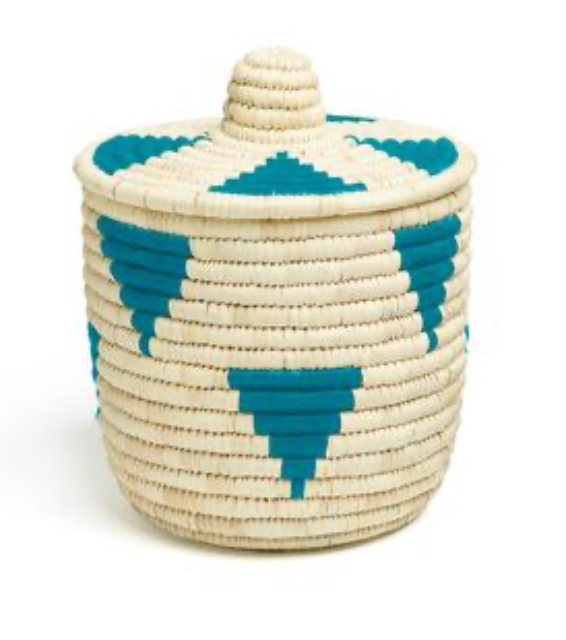 Natural with Teal Triangles Basket with Lid