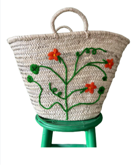 Hand Embroidered Market Basket, Nasturtium