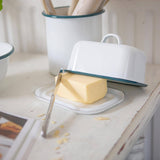 White Enamel Butter Dish  Green Trim