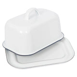 White Enamel Butter Dish  Green Trim