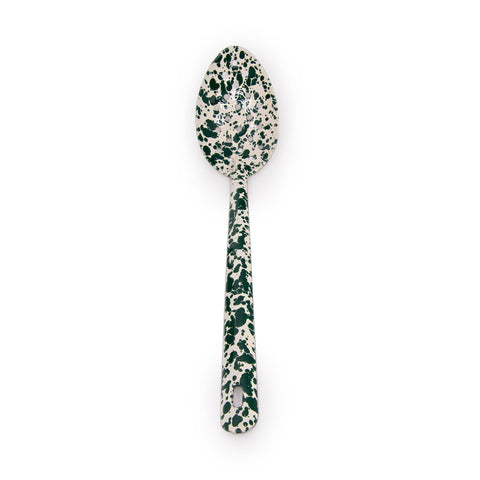 Splatter Enamelware Large Slotted Spoon: Green & Cream