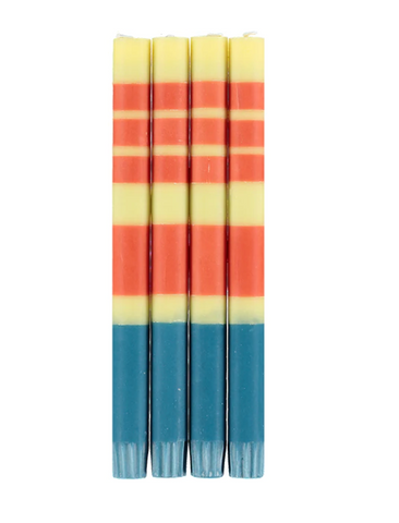 Striped orange, yellow and blue dinner candles
