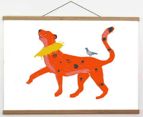 Leopard with bird A3 Print